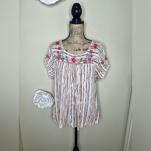 Savanna Jane Tops - NTM: Savanna Jane Dot Striped Floral Embroidered Peasant Blouse Sz Large